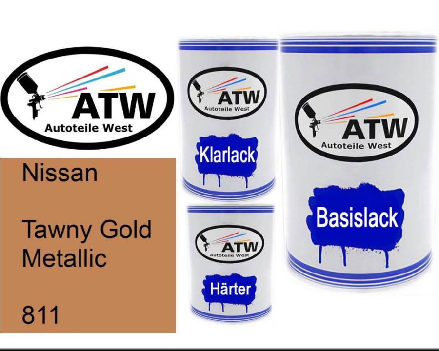 Nissan, Tawny Gold Metallic, 811: 500ml Lackdose + 500ml Klarlack + 250ml Härter - Set, von ATW Autoteile West.